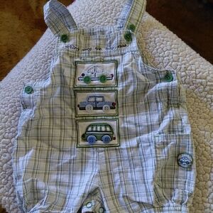 Koala Kids Blue Plaid Overalls with Car Design